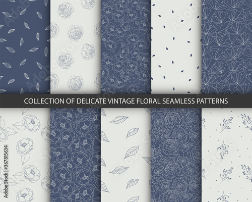 Collection of seamless leaves pattern. Delicate plant exotic textures in blue and light blue colors. Summer backgrounds