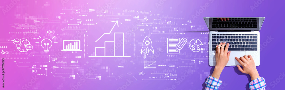 Business growth analysis with woman using a laptop computer Business growth analysis with woman using a laptop computer