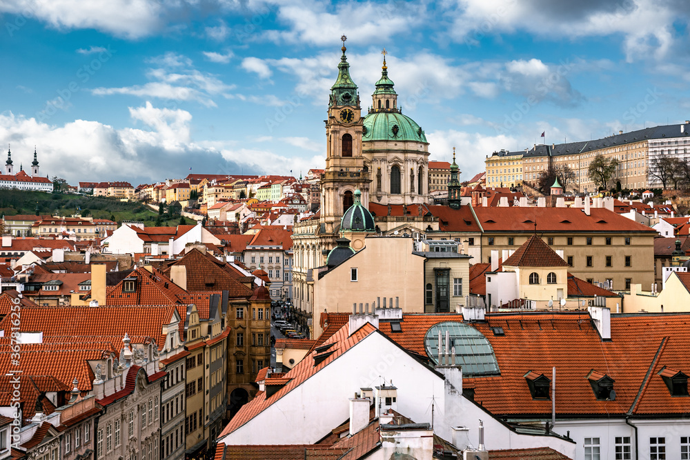 Panorama of Lesser Town with Saint Nicholas Church in the middle in Prague, Czechia