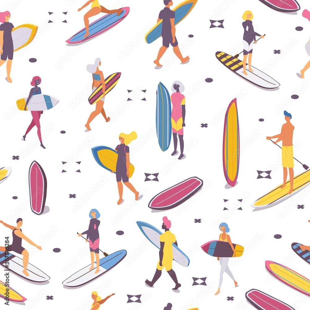 Seamless pattern with surfers and syrf boards. Concept isometric illustration on white background Seamless pattern with surfers and syrf boards. Concept isometric illustration on white background