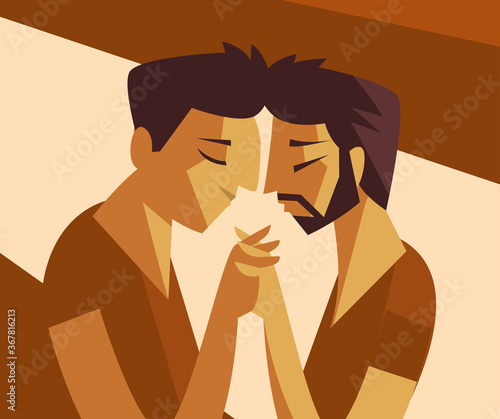 gay cute couple taking hands