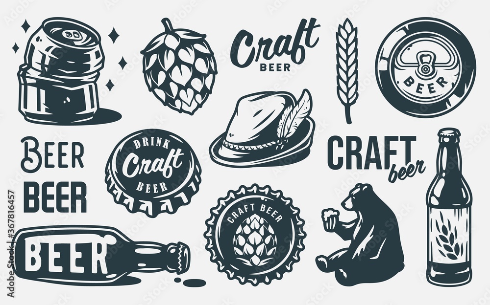 Set of beer emblem. Hop, barley, can and bottle