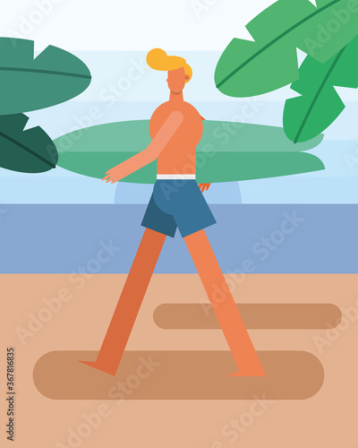 young man wearing swimsuit walking with surfboard character © Gstudio