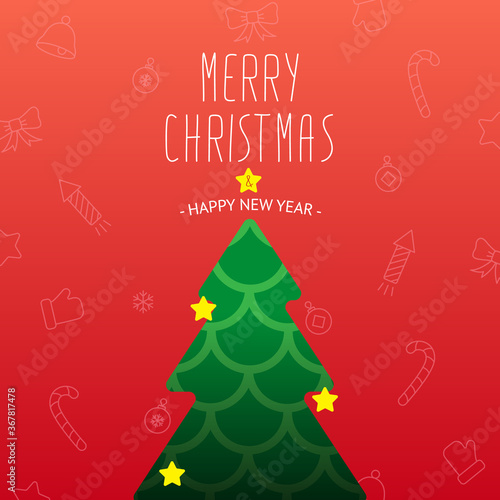 Elegant Christmas tree with yellow stars on a red background with New Year icons. square banner happy new year. Vector  illustration