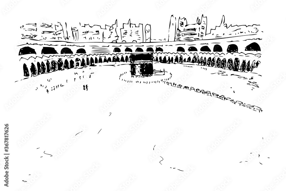 Vector Manual sketch of Kaaba in Mecca Saudi Arabia While Desifectant Cleaning During Covid-19 Pandemic, Isolated on White
