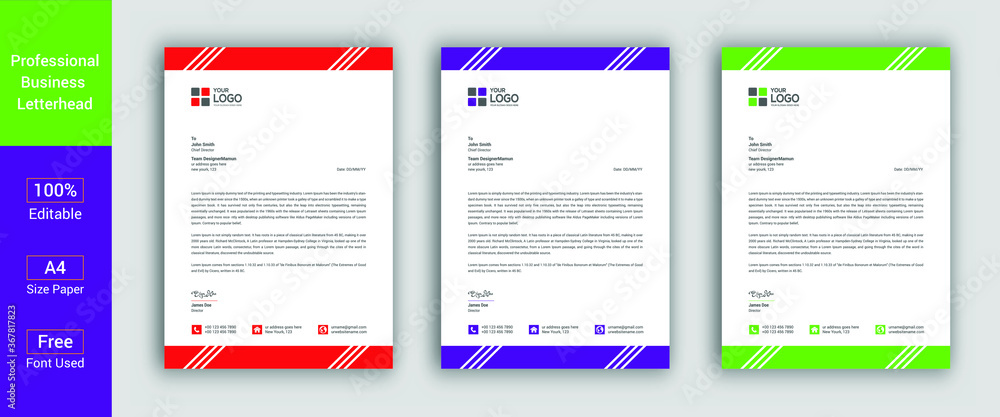 Professional Letterhead Template in flat style, red, blue, green color letterhead set or bundle Letterhead Design Template Professional Letterhead Template in flat style, red, blue, green color letterhead set or bundle Letterhead Design Template