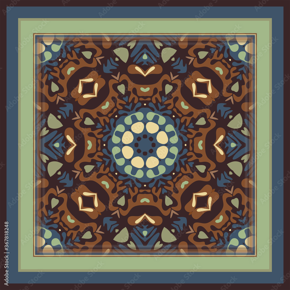 Creative color abstract geometric pattern in brown, green, blue and beige, vector seamless, can be used for printing onto fabric, interior, design, textile,carpet,pillow. Scarf design. Creative color abstract geometric pattern in brown, green, blue and beige, vector seamless, can be used for printing onto fabric, interior, design, textile,carpet,pillow. Scarf design.