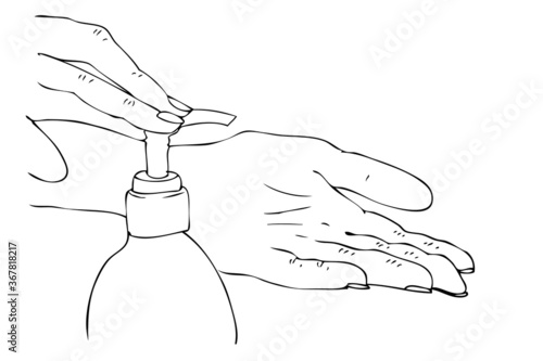 Vector Simple Manual Draw, Washing Hand using sanitizer, Covid-19 Virus Prevention
