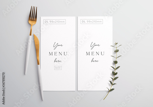 Download Menu On Table With Cutlery And Eucalyptus Mockup Stock Template Adobe Stock