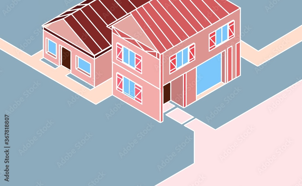 Cartoon style isometric house home town pink blue color street drive 