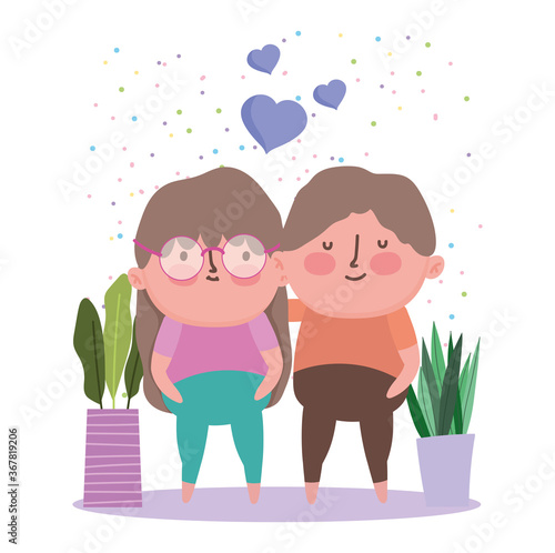 happy grandparents day, grandfather grandmother hugging cartoon character potted plants