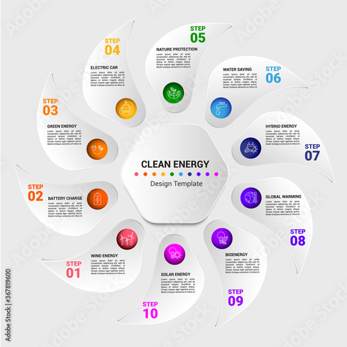 Infographic Clean Energy template. Icons in different colors. Include Wind Energy, Battery Charge, Green Energy, Electric Car and others.