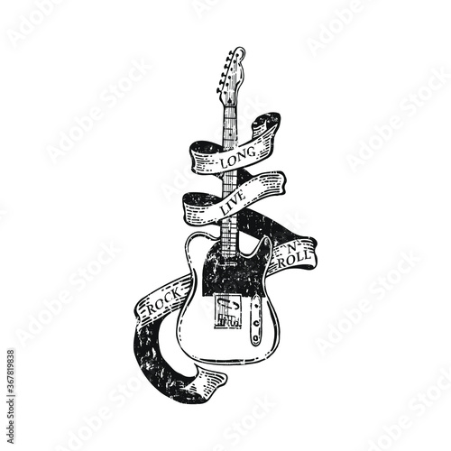 Grunge illustration with guitar and ribbon for your design. Symbol of rock musical festivals. Tattoo art, t-shirt design.