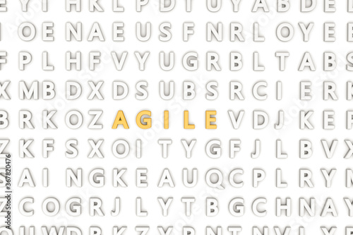 3d rendering of random letters and different words on a white wall. "AGILE" text is shining on the wall.