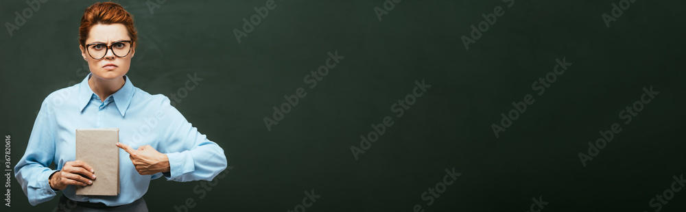 horizontal image of strict teacher in eyeglasses pointing at book while standing near chalkboard - obrazy, fototapety, plakaty 