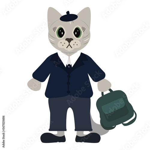 Funny cat first time going to school. Vector schoolboy illustration for design.