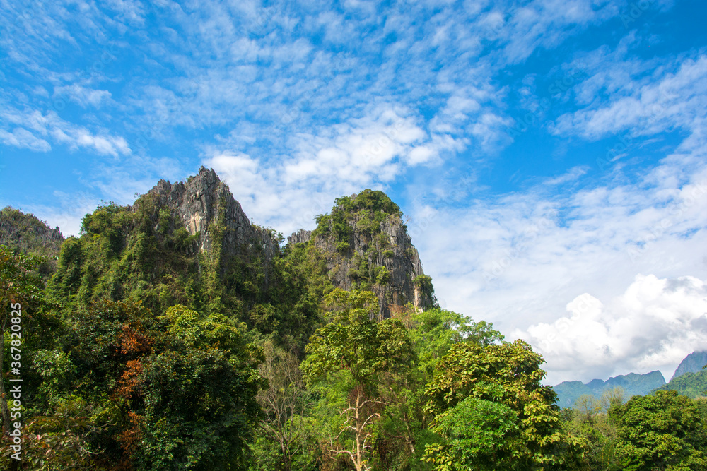 Rock mountian with blue sky backgroud at Vang Vieng, Laos