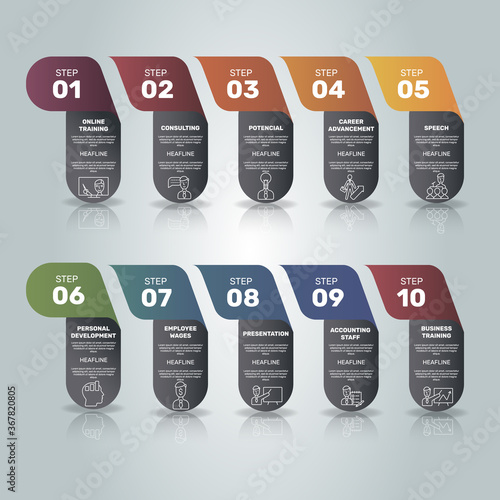 Infographic Business Management template. Icons in different colors. Include Leadership, Personal Development, Positive Psychology, Autonomy and others.