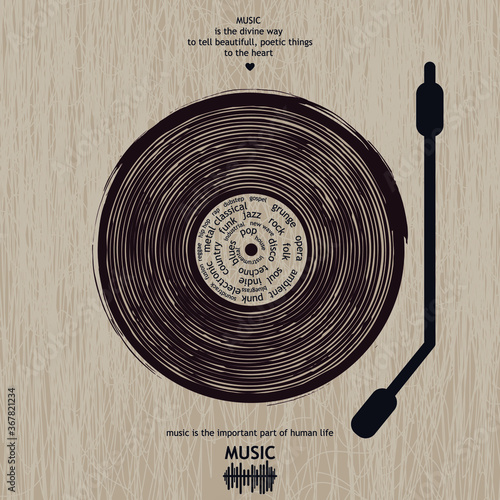 Musical poster for your design. Music elements design for card, invitation, flyer. Music background vector illustration. Vinyl record.