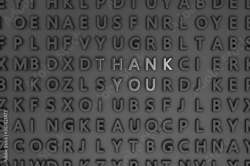3d rendering of random letters and different words on a white wall. "THANK YOU" text is shining on the wall.