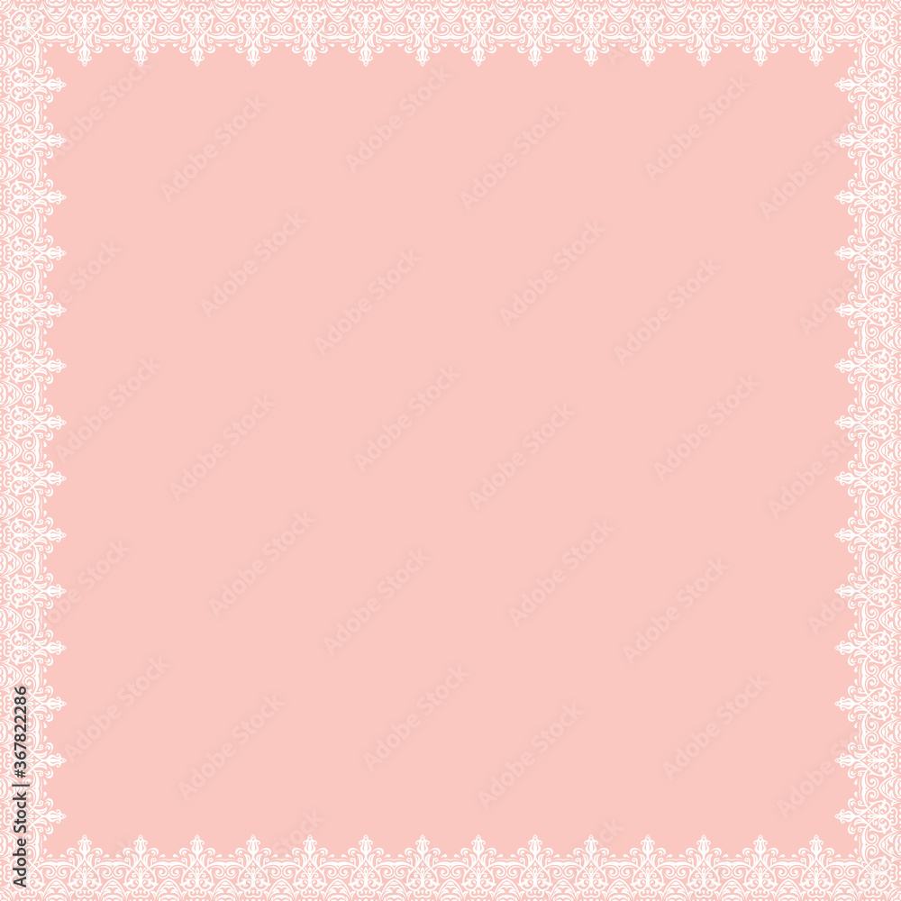 Classic vector square frame with arabesques and orient elements. Abstract pink and white ornament with place for text. Vintage pattern Classic vector square frame with arabesques and orient elements. Abstract pink and white ornament with place for text. Vintage pattern