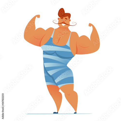Strongman stands in a pose and shows his muscles. Circus performance. Vector illustration of a smiling healthy athlete.
