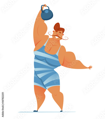 Strongman in a striped suit with a kettlebell in his hand. Circus performance. Vector illustration of a smiling healthy athlete showing a trick.