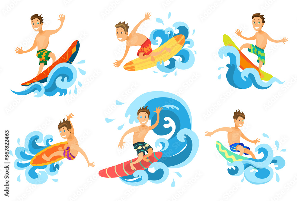 Set of surfers on the big waves. Vector illustration of men on surfboards in flat style.