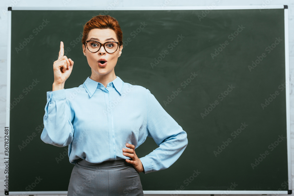 surprised teacher showing idea gesture while standing with hand on hip near chalkboard surprised teacher showing idea gesture while standing with hand on hip near chalkboard
