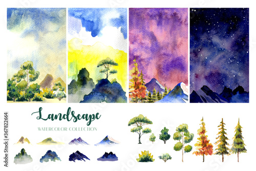 Four style, times of day water color landscape paintings with tree, hill and star. Isolated element on beneath. 