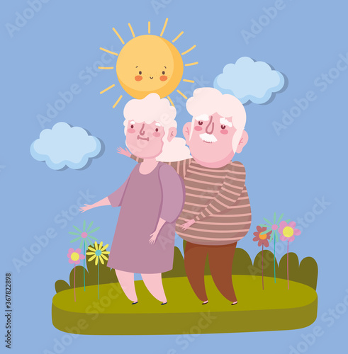 happy grandparents day, grandpa and grandma standing together landscape nature cartoon