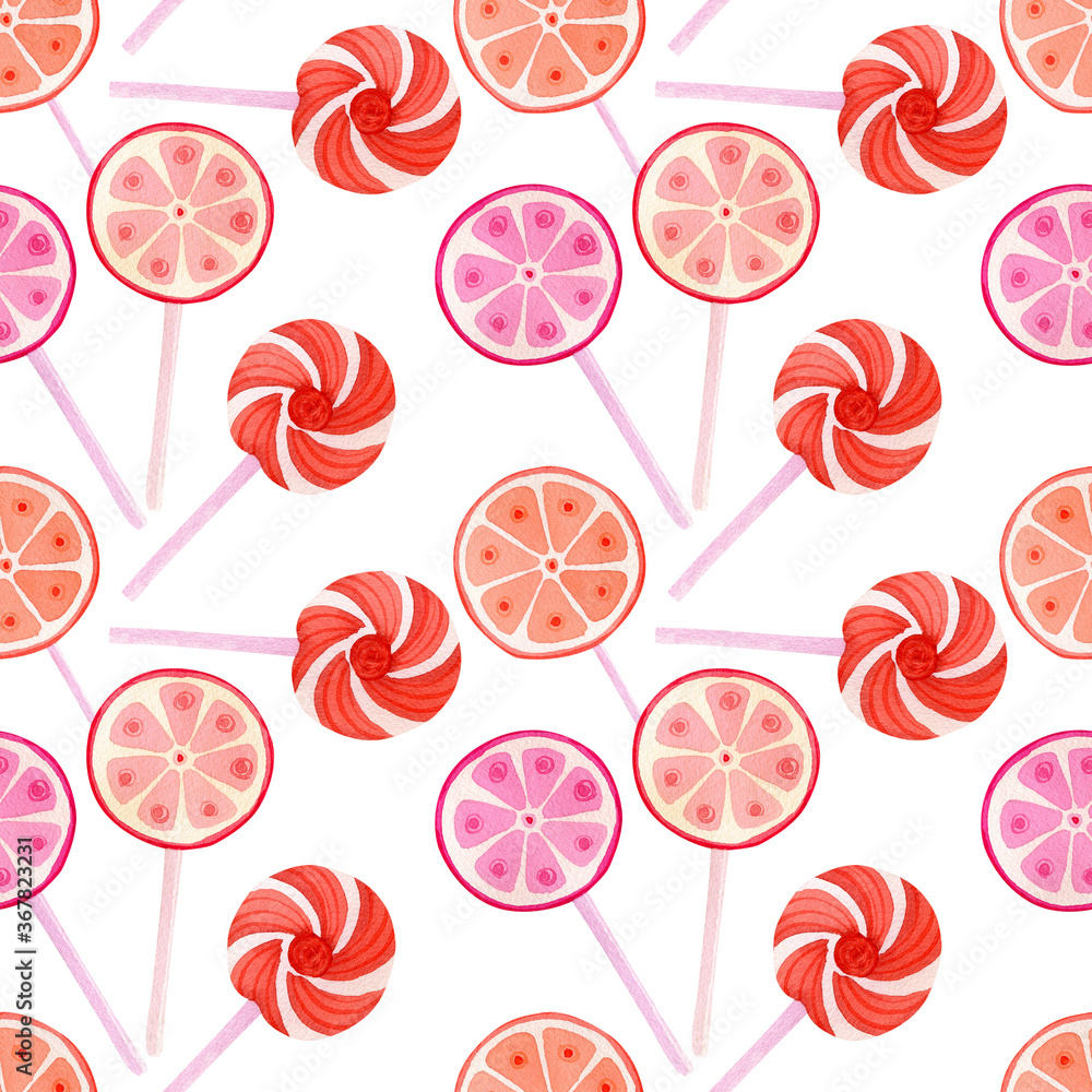Seamless watercolor pattern with lollypops for fabric, decor, party design elements