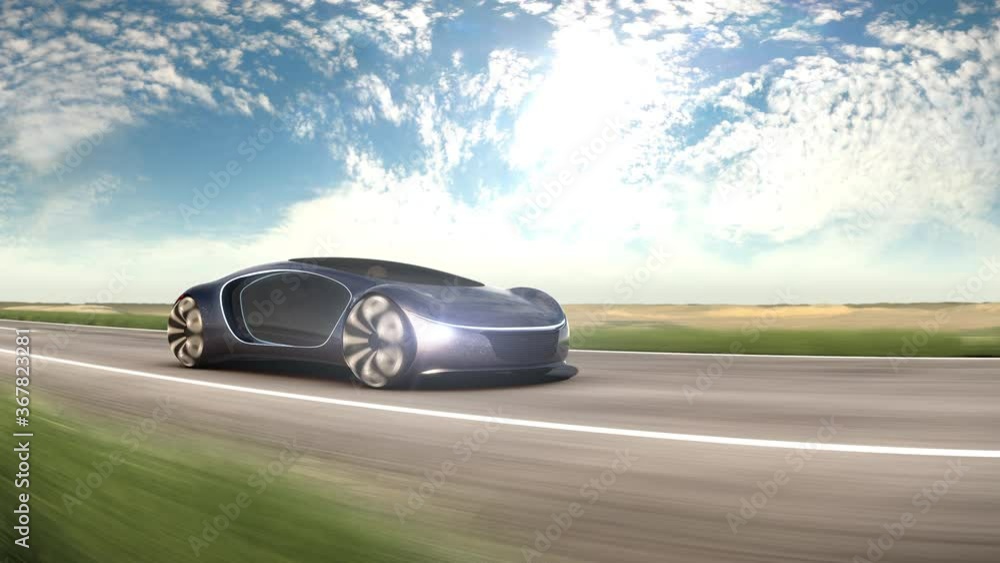Electric car on highway in sandy desert. Concept of future car. 4k animation. Electric car on highway in sandy desert. Concept of future car. 4k animation.