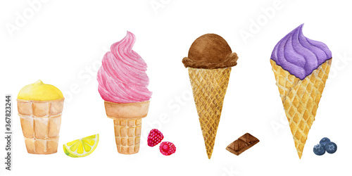 set of watercolor different colored and flavored ice creams in waffle cones, hand painted illustration isolated on white