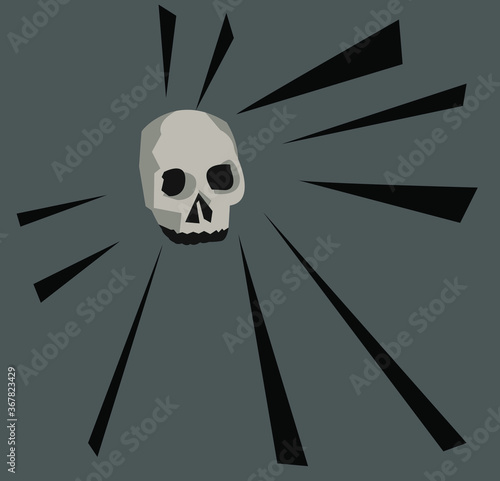 A minimalistic image of a skull on a grey background with black rays 