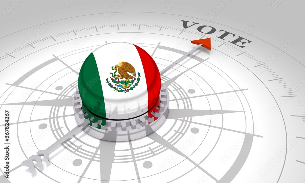 Voting concept. 3D rendering. Abstract compass points to the vote word. Flag of the Mexico Voting concept. 3D rendering. Abstract compass points to the vote word. Flag of the Mexico