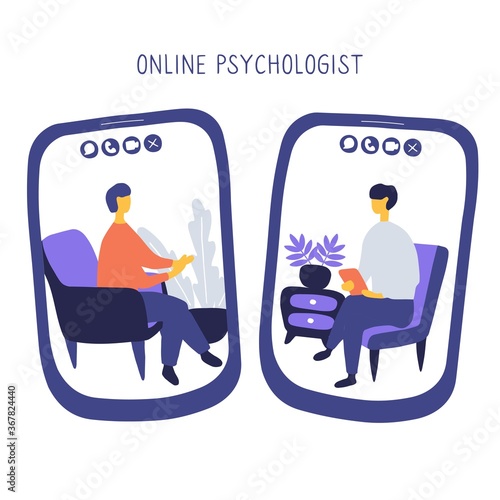 Doctor and patient communicate by video call. Online psychiatrist concept. Two people on screens of smartphones are talking to each other. Hand drawn vector illustration