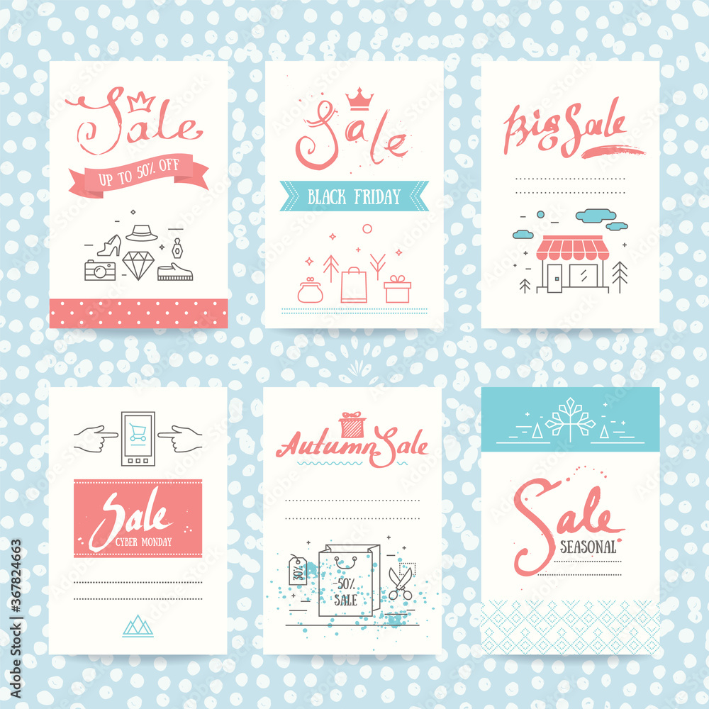 Sales tag, black friday invitation, ad banner, promo flyer and poster. Shopping and retail collection of colorful templates with trendy thin line icons, handwritten text, brushstrokes and splatters.