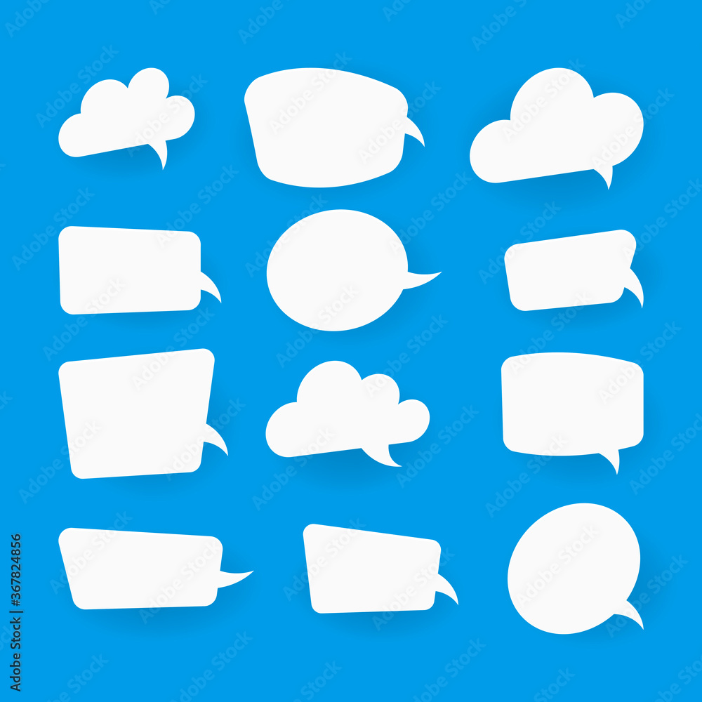 White blank speech bubbles, thinking balloon set on blue background. Vector White blank speech bubbles, thinking balloon set on blue background. Vector