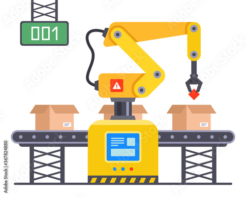 industrial yellow robot on the conveyor for packaging goods. flat vector illustration isolated on white background.