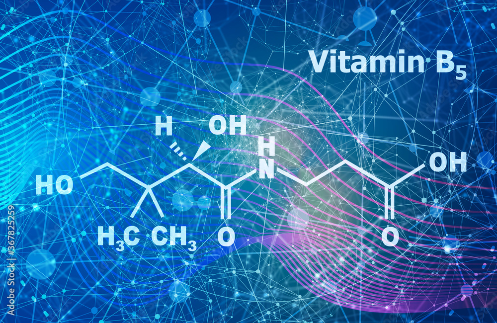 Pantothenic acid or vitamin B5 structural chemical formula. Connected lines with dots background. Pantothenic acid or vitamin B5 structural chemical formula. Connected lines with dots background.
