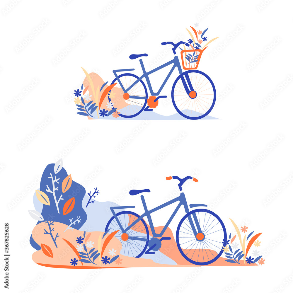 Obraz premium Collection of flat illustrations bike stands in the park. Environmentally friendly transport. Vector illustrations for landing pages or banners.