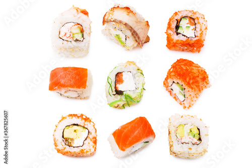 diverse delicious sushi roll set on white background. Top view