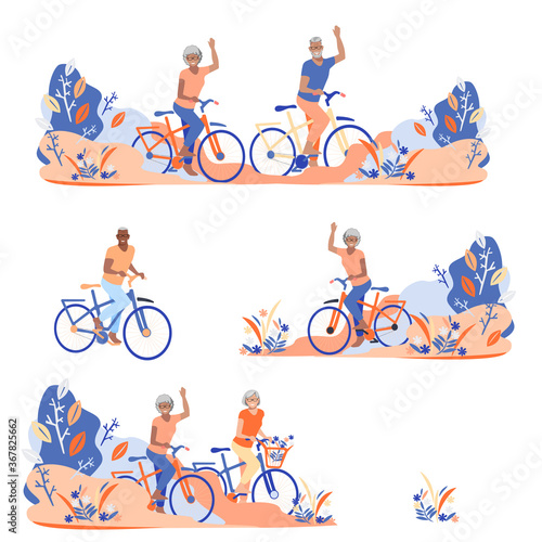 Elderly people ride a bike and play sports in the park. Seniors on bicycles. Grandparents lead a healthy lifestyle and sports. Collection of isolated illustrations of cyclists.