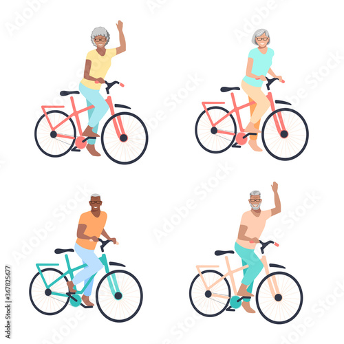 Elderly people ride a bike. Grandparents lead a healthy lifestyle and sports. Collection of isolated illustrations of cyclists.
