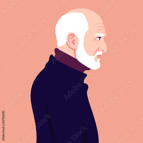 The head of a bald old man with a white beard in profile.