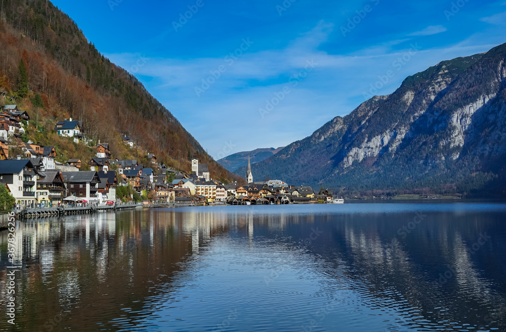 Hallstatt village mountain and lake with blue sky