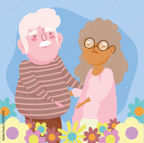 happy grandparents day, elderly couple cartoon, grandfather grandmother characters flowers decoration