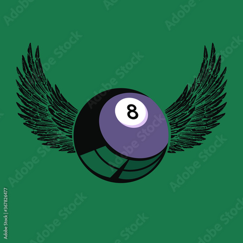 Vector illustration of a black billiard ball with wings on green background. Design for pool or billiards players.