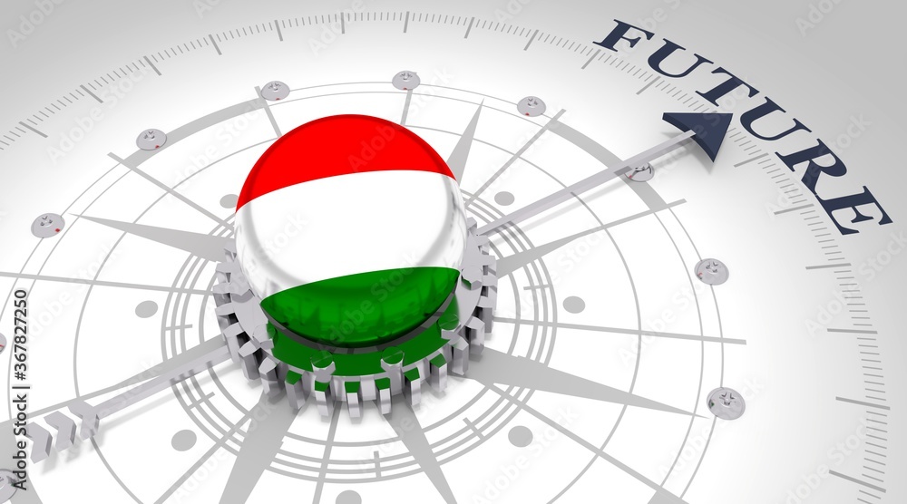 Business concept. Abstract compass points to the future word. Flag of the Hungary. 3D rendering Business concept. Abstract compass points to the future word. Flag of the Hungary. 3D rendering